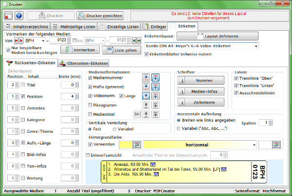 Heyer's Heim-Videothek: Drucken/Etiketten